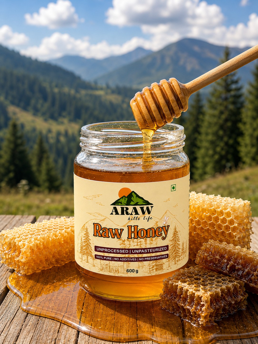 ARAW Hills Life Raw Honey jar in a Himalayan meadow with wildflowers, bees and honeycomb