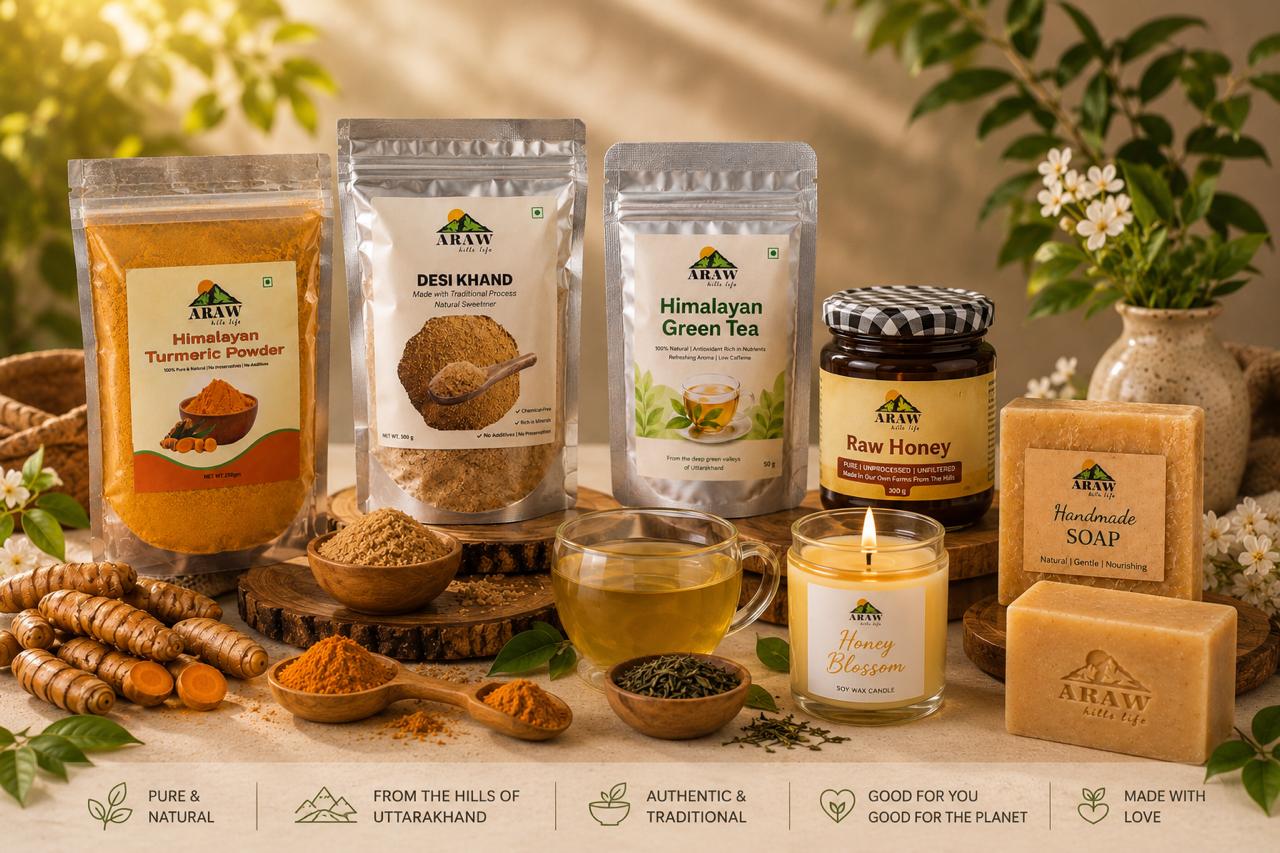 The full ARAW Hills Life range β Himalayan Turmeric Powder, Desi Khand, Himalayan Green Tea, Raw Honey, handmade soap and soy wax candle