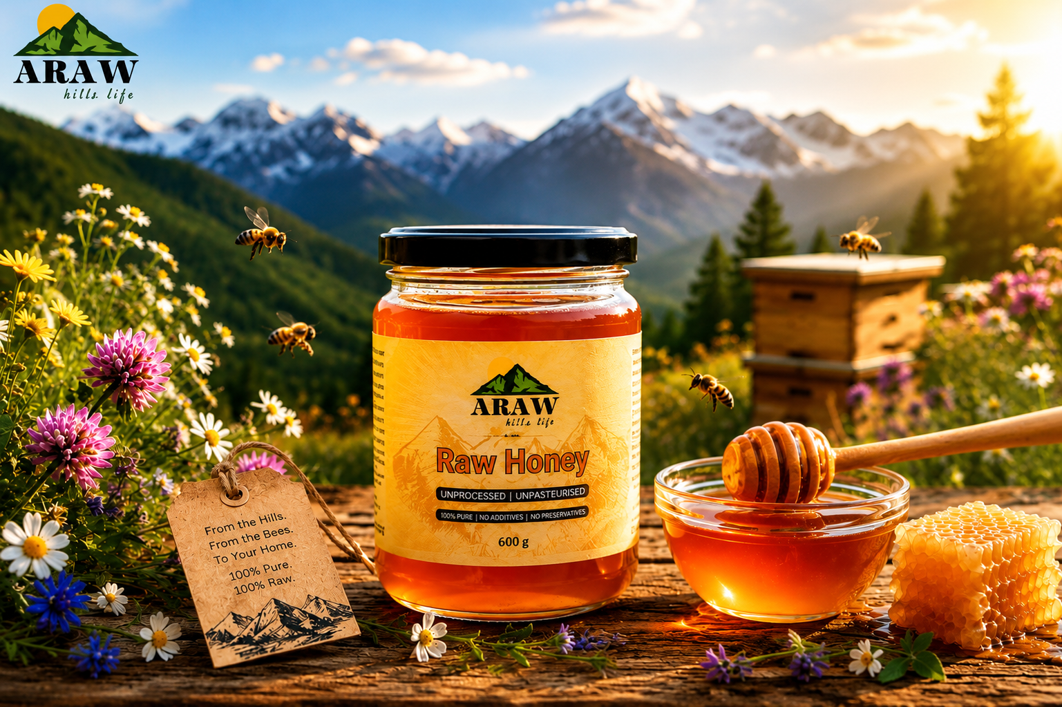 ARAW Hills Life Raw Honey jar in a Himalayan meadow with wildflowers, bees and honeycomb
